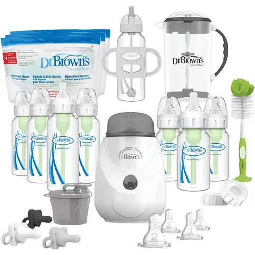 Dr. Brown's Natural Flow Anti-Colic Options+ All-In-One Gift Set for Newborn, with Bottle Warmer, HappyPaci Pacifiers, Cleaning Brush, Formula Mixing Pitcher & Formula Dispenser, 0m+