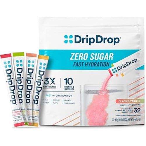 DripDrop Sugar Free Hydration Packets - Zero Classic Variety Pack - Single Serve Electrolytes Powder Drink Mix - Lemon Lime, Watermelon, Peach, Passion Fruit - Non-GMO, Gluten Free, Vegan - 32 Sticks