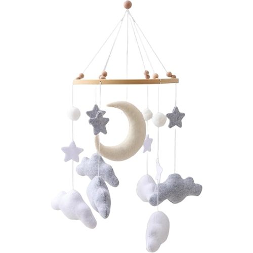 Gray Pink White Cloud Moon Themed Nursery Mobile,Crib Mobile for Baby Boys Girls,Handmade Baby Mobile,Adjustable Cotton Felt Soft Ceiling Mobile,Baby Shower Gifts for New Moms (Gray)