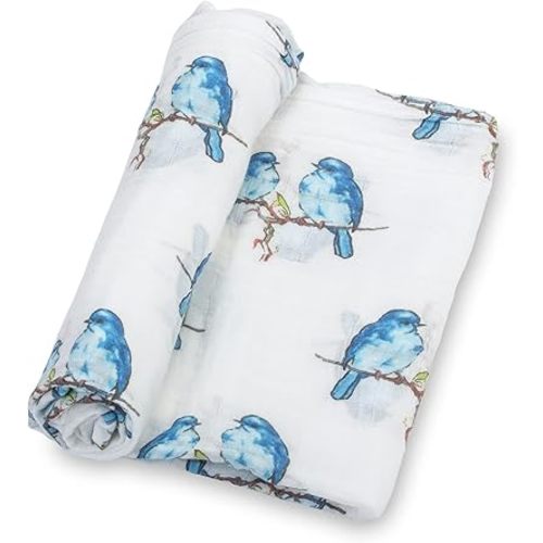 LollyBanks Muslin Swaddle Blankets, Large 47 x 47 Inches Baby Blanket for Boys and Girls, 100% Cotton Baby Swaddle Blanket, Newborn Receiving Blanket for Swaddling, Registry (Bluebird Print)