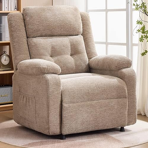 Power Recliner Chair for Adults, Oversized Electric Recliner with Thickened Cushions, Chenille Fabric Reclining Chair for Living Room, Bedroom, Khaki