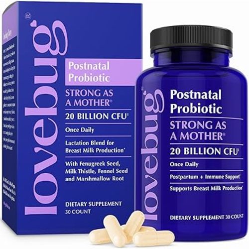 Lovebug Postnatal Probiotics - 20 Billion CFUs Multi Strain for Breastfeeding -with Fenugreek, Milk Thistle & Fennel,Supports Breast Milk & Gut Health, Postpartum Essentials, 30 Capsules