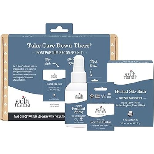 Earth Mama Postpartum Recovery Kit, Take Care Down There® Trifecta with Organic Perineal Balm, Sitz Bath & Herbal Peri Spray, 3-Piece Set