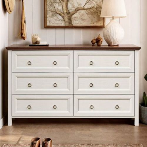 Resenkos Farmhouse 6 Drawers Dresser for Bedroom, Wood Vintage Wide Storage Dressers Organizer, Antique White