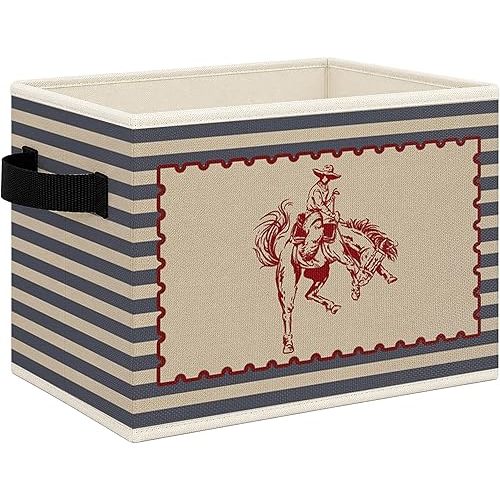 Mcehtle Western Cowboy Nursery Foldable Storage Bins Box with Handles, Retro Blue Striped Western Collapsible Toys Books Clothes Organizer Basket for Kids Boy Nursery Room Bedroom Bathroom Playroom