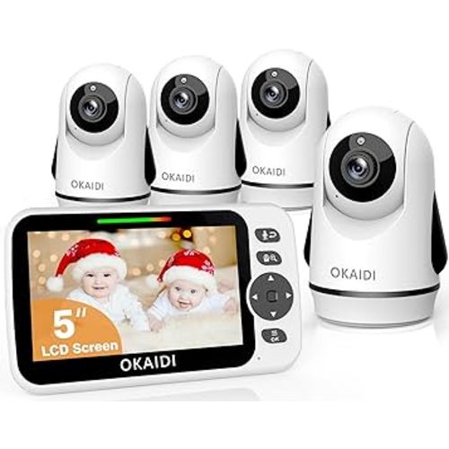 OKAIDI Video Baby Monitor with 4 Cameras, 5" Display Baby Monitor No WiFi, 30H Battery and 1000ft Range, 2-Way Talk, 8 Lullabies, Remote Pan-Tilt-Zoom Baby Camera for Baby Pet Elderly