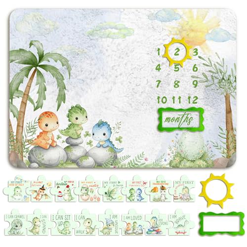 Dinosaur Baby Monthly Milestone Blanket, 1-12 Monthly Baby Milestone, Dinosaur Newborn Photography Background Decor, Newborn Photography Props Double-Sided