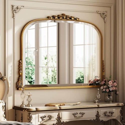 Vintage Gold 31.5 in. W x 43.5 in. H Classic Arched PU Framed Wall Mirror Bathroom Vanity Mirror