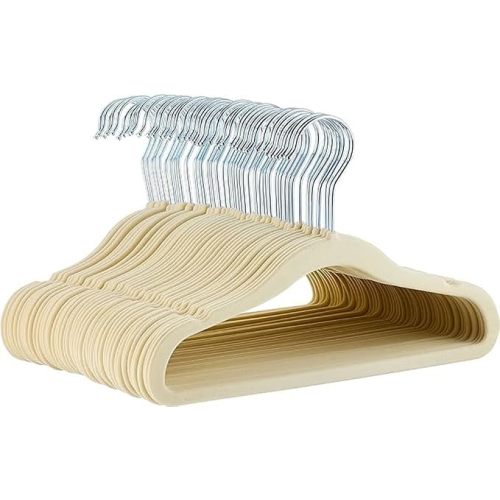 Amazon Basics Kids Space Saving Velvet Non-Slip Clothes Hangers with Shoulder Notches for Infant and Toddler, 11.6", Beige, 50-Pack