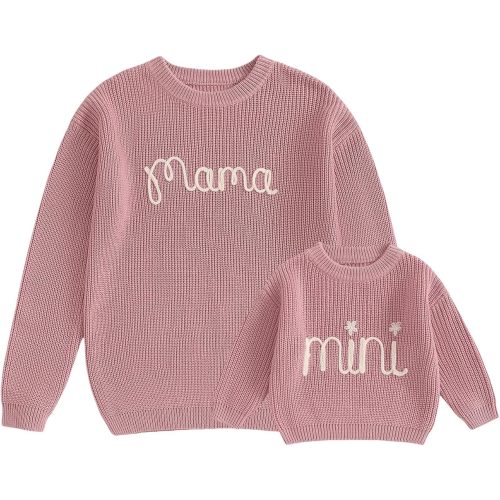Mommy and Me Family Matching Sweaters Letter Embroidery Long Sleeve Round Neck Knitwear Fall Winter Warm Tops