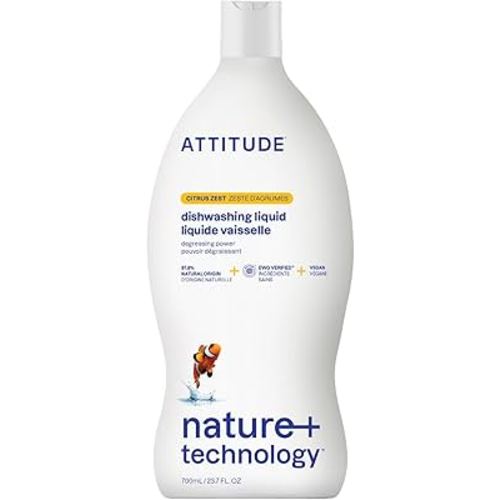 ATTITUDE Dish Soap, EWG Verified, Plant-Based & Vegan Dishwashing Liquid, Naturally Derived, Citrus Zest, 23.7 Fl Oz