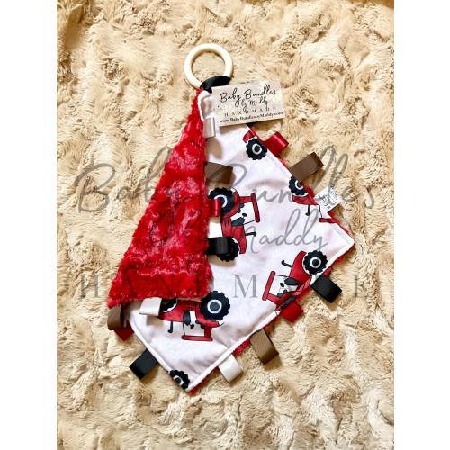 Red Tractor Minky Tag Lovey with Red Cuddle Minky and a Silicone Teething Ring / Farm Baby Gift / Baby Shower Idea / IH Tractors / Tag Toy