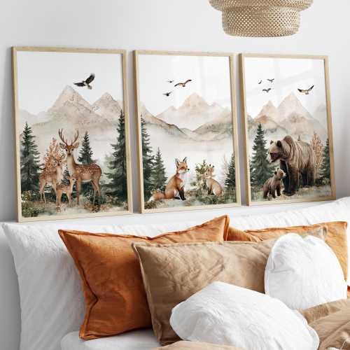 Woodland Nursery Watercolor Art Print Set of 3 Poster or Canvas Prints, Mountains and Forest Neutral Art Print, Forest Animal Wildlife Decor