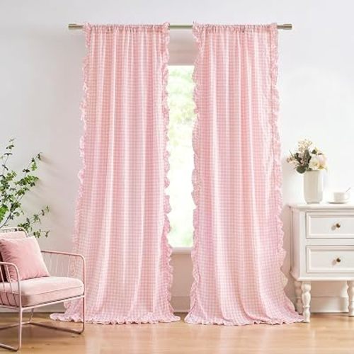ZJDECOR Pink Plaid Not-See-Through Sheer Crinkle Ruffle Curtains 95 Inch