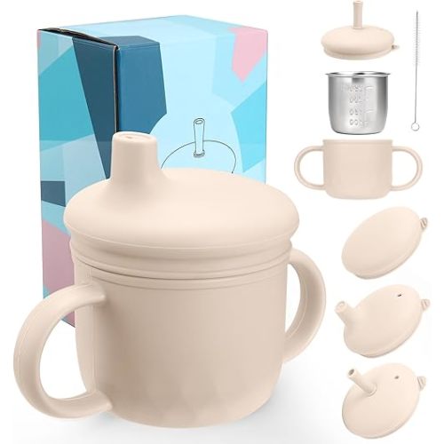 Mity rain 3-In-1 Stainless Steel Sippy Cup for 6+ Month Old, Baby Straw Cups for Toddlers 1-3 with Travel Lid, Silicone Straw, Replacement Straw & Cleaning Brush - 8oz Toddler Cups Spill Proof Set
