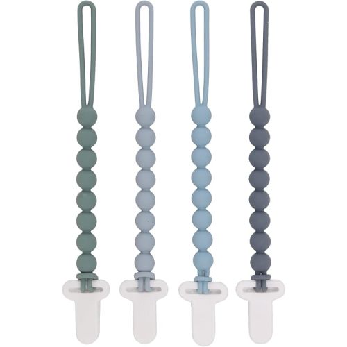 4-Pack Silicone Pacifier Clips with One-Piece Beads for Baby Boys and Girls - Flexible and Rust-Free Holders for Teething Relief and Baby Essentials, Safe for Newborns (Grey)