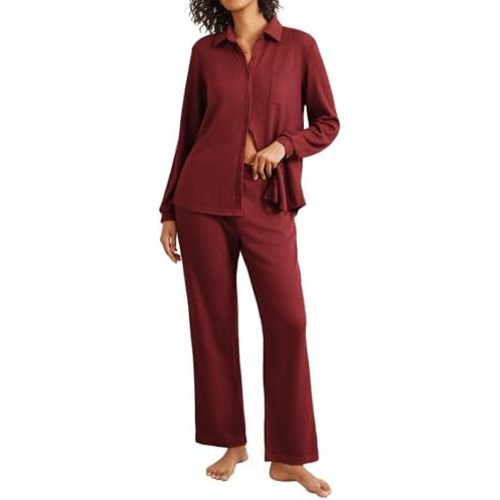 Ekouaer Womens Waffle Knit Pajamas Set 2 Pieces Loungewear Long Sleeve Button Down Matching Sleepwear
