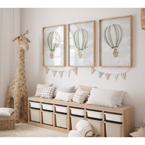Set of 3 Hot Air Balloon Animals Prints, Nursery, Playroom, Children’s Poster, Girls Boys Bedroom, Kids Wall Art, A3 A4 Print
