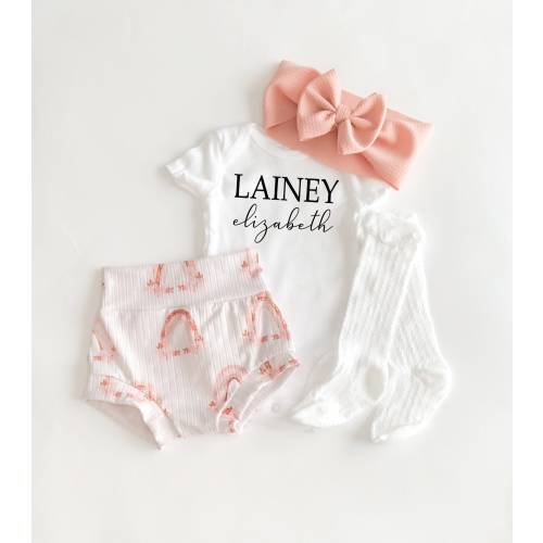 Baby Girl Rainbow Coming Home Outfit, Personalized Baby Bummies Bodysuit and Bow Set