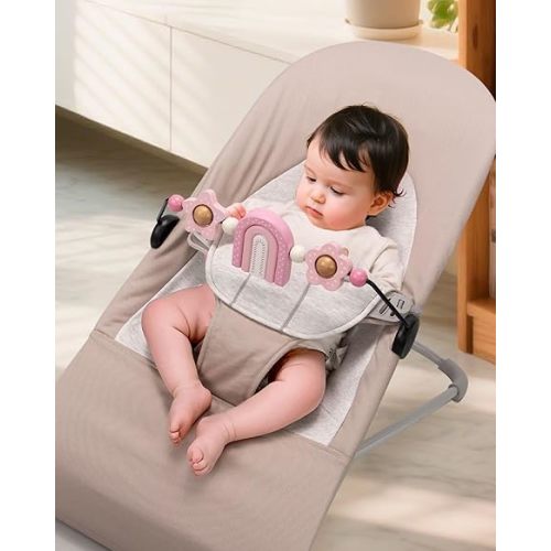 TinlyFinly Baby Bouncer Toy Bar Wooden Compatible with Baby Bjorn Bouncer, Bouncer Toy Attachment, Tight and Secure Fit, So Fun to Watch, Touch and Spin for Babies All Ages (Pink Rainbow)