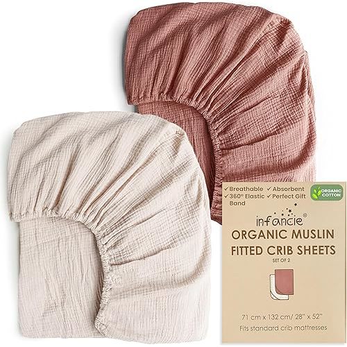 Organic Cotton Muslin Crib Sheets (Set of 2) – Soft & Breathable Fitted Sheets for Boys and Girls, Neutral Colors – Fits Standard Baby Crib Mattress (71 x 132 CM) (Rust/Ivory)