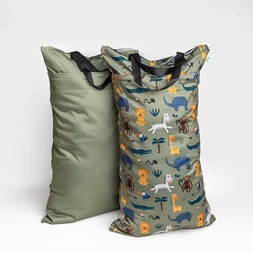 Set of 2 Water Resistant Wet Bags for Storing Laundry or Cloth Diapers Home Vacation Size Wet Bag Beach Pool Wet Swimsuit Zipper Top for Air Tight Odor Contained Washable Reusable (Wild Animals)
