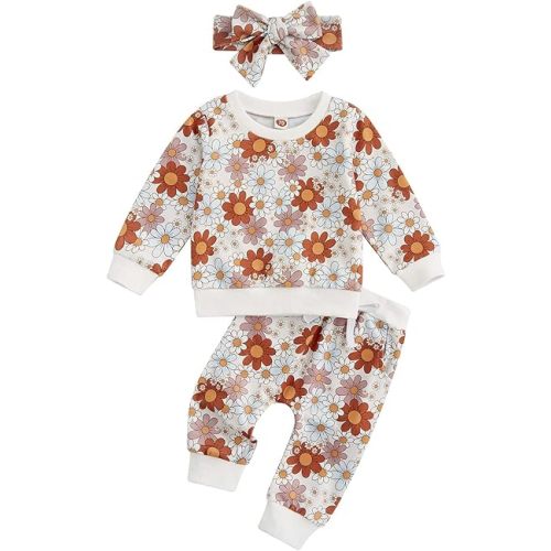 3Pcs Baby Girl Outfits Daisy Sweatshirt + Pants + Headband Infant Fall Winter Clothes