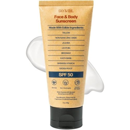 Sky and Sol Mineral Sunscreen SPF 50 | With Grass-Fed Tallow & Zinc Oxide | Non-Greasy Formula for Face & Body | Made Without Reef-Harming UV Filters | 3 oz (85 g)