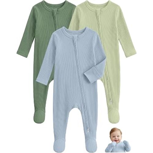 Unnivoll Viscose Bamboo Baby Pajamas Baby Sleepers Baby Boys Girls Clothes | Footie Pajamas for Newborn 0-3 3-6 6-9 Months, 3Pcs Soft Infant Footed PJs with Mitten Cuffs, Two Way Zipper, Long Sleeve