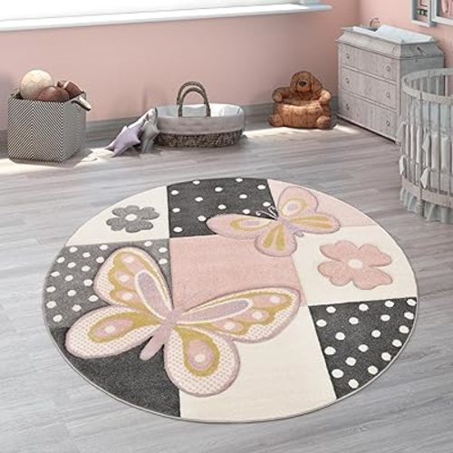 Colorful Kids Room Rug with Butterflies & Flowers in Pastel Colors, Size: 6'7" Round