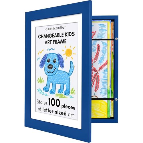 Americanflat Kids Artwork Frame Changeable (Sapphire Blue) - Magnetic Door Holds 100 Art Pieces - 8.5x11 Letter Size Display with Mat or 10x12.5 Without Mat - My Mini Masterpiece