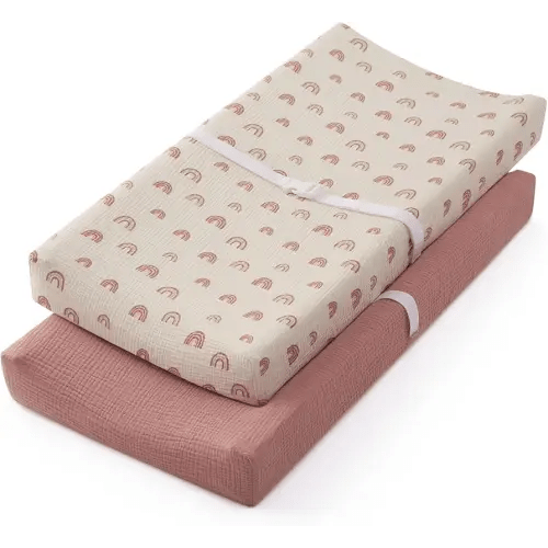 Blissful Diary Muslin Changing Pad Cover for Girls Boys, Ultra Soft Breathable Cotton, Baby Diaper Change Table Pad Covers, 2Pack (Dusty Pink&Rainbow)