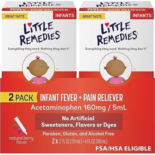 Little Remedies Infant Fever & Pain Reliever with Acetaminophen, Baby Medicine with No Artificial Sweeteners, Flavors or Dyes, Natural Berry Flavor, 2 Fl Oz, Pack of 2