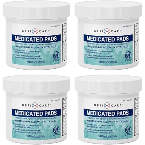 GeriCare Medicated Cooling Pads with Witch Hazel, for Soothing Itch, Discomfort and Burning, Pre-Moistened Pads Ideal for Sensitive Areas, 100 Count (Pack of 4)