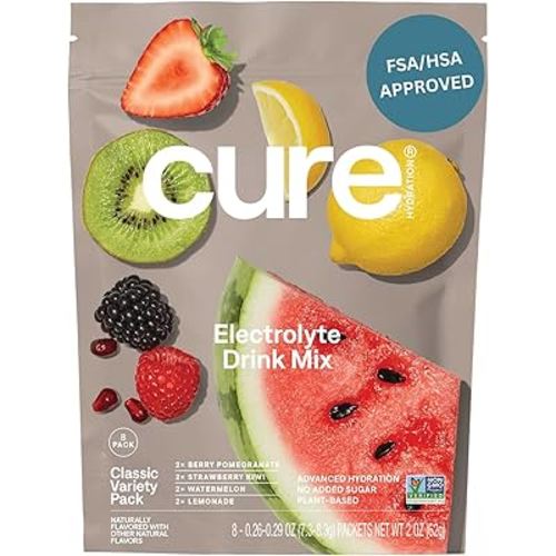 Cure Hydration | Plant-Based Electrolyte Drink Mix | No Added Sugar | FSA-HSA | Dehydration Relief Powder Made with Coconut Water | Non-GMO | Vegan | 8 Packets - Variety Pack