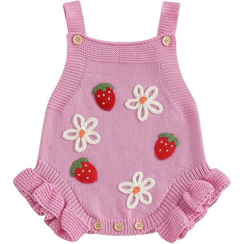 FYBITBO Baby Sweater Knit Romper Newborn Girl Strawberry Sweaters Onesie Overalls Fall Winter Clothes Knitted Outfit (Pink, 0-3 Months)