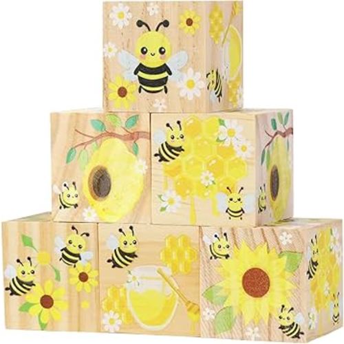 6 Pcs Nursery Decor Blocks, Wooden Nursery Decor for Girls and Boys, Wooden Shelf Decor Bedroom Playroom Decor for kids Birthday Baby Shower Table Decorations Gifts (Bee)