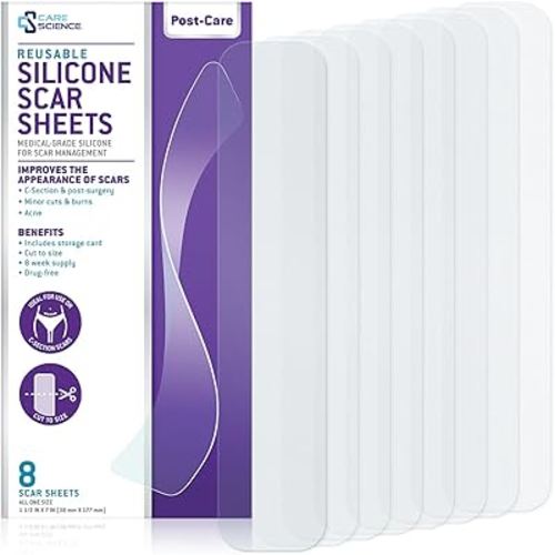 Care Science C Section Recovery Silicone Scar Sheets 1.5in x 7in 8ct | Reuseable Scar Sheets for Reducing the Appearance of C-Section, Keloid, and Acne Scars