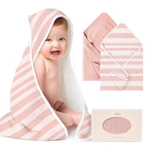 Konssy 2-Pack Muslin Hooded Baby Towels, Bath Towel for Newborns, Toddlers