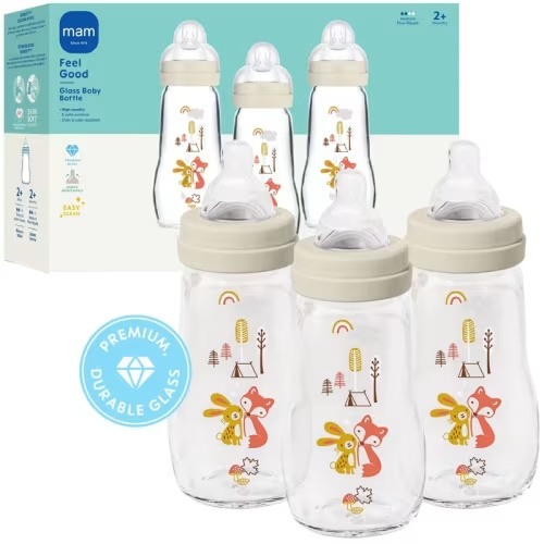 MAM Feel Good Glass Baby Bottles - Beige - 6 fl oz/3pk: BPA-Free, BPS-Free, Level 1 Slow Flow Nipple