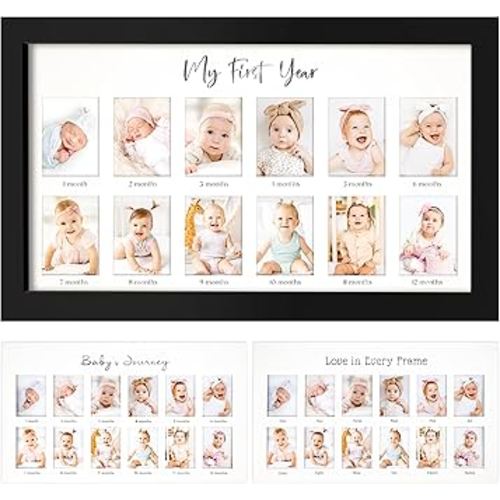My First Year Photo Frame,12 Months Baby Picture Frame for Newborn Girl, Boy-Baby Shower Gifts Keepsakes,Monthly Baby's One Year Birthday Milestone,1st Nursery Photo Collage Display Board (Onyx Black)