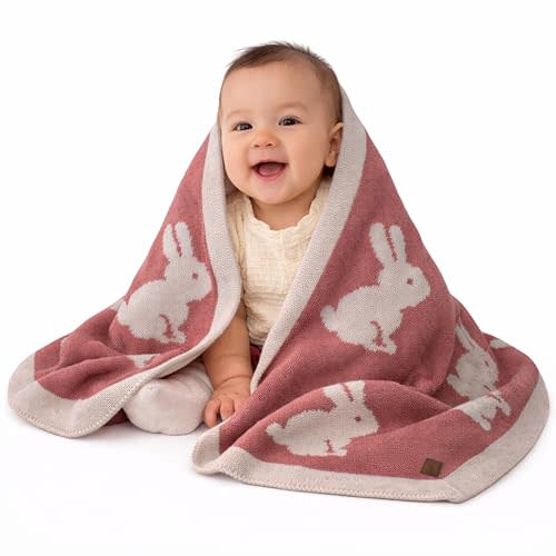 Reversible Knit Baby Blanket 30x40 in, Rabbit Antique Rose | Oeko-Tex certified, soft and breathable, swaddle and receiving blanket for newborns, crib and stroller