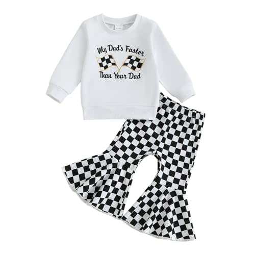 DSOKUHIB Toddler Baby Girl Race Car Outfit Letters Long Sleeve Sweatshirt Checkered Bell Bottom Pants Set Fall Winter Clothes