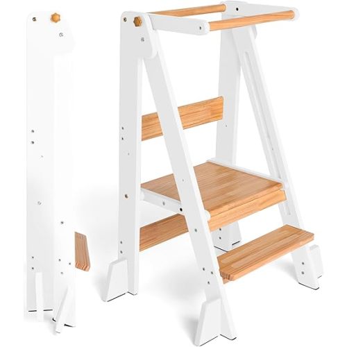 OCODILE Adjustable Foldable Toddler Tower – Folding Tower for Kids | Montessori Toddler Kitchen Step Stool Helper for Independence - White