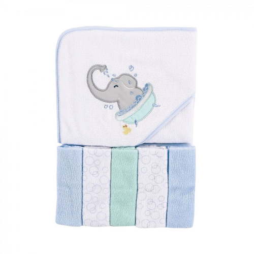 Luvable Friends Baby Boy Hooded Towel with Five Washcloths, Elephant Bath, One Size