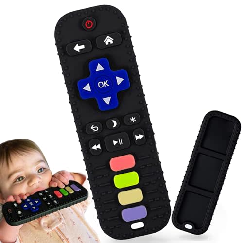Jkevow Baby Teething Toys, Silicone Teethers Toys for Babies 0-24 Months, Remote Control Shape Baby Teethers Chew Toys, BPA Free Freezable Relief Molars Gums Pain (Black)