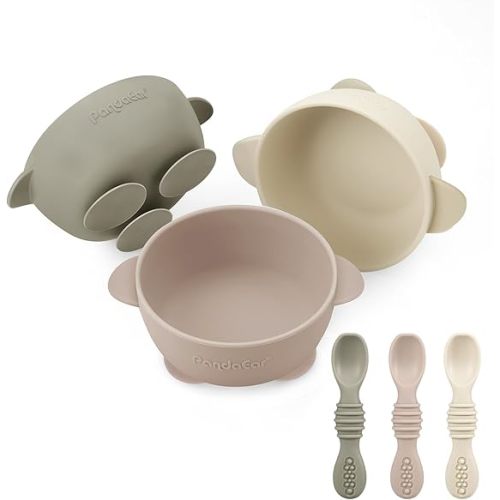 PandaEar 3 Pack Silicone Suction Baby Bowls & 3 Baby Feeding Spoons | Non-Slip Stay Put Bowls & Soft Silicone First Stage Spoons for Toddlers, BPA-Free Baby Led Weaning Set (Linen Brown Tan)