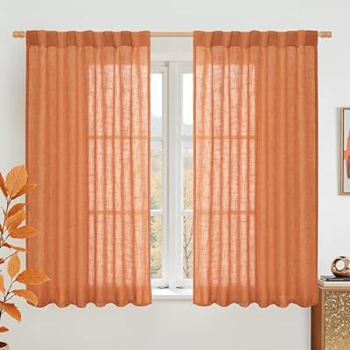 LAMIT Semi Sheer Linen Curtains 45 Inches Long, Light Filtering Panels Back Tab and Rod Pocket Country Decor Drapes for Farmhouse/Window/Bedroom, Burnt Orange, 2 Panels, 52 x 45 Inch