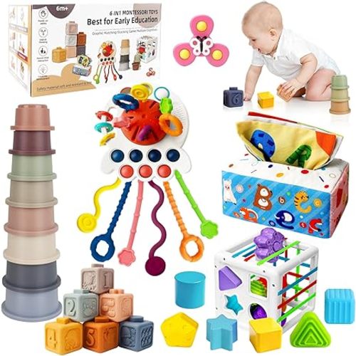 6 in 1 Montessori Baby Toys for 6-12 Months — Pull String Toy, Sensory Bin, Stacking Cups, Tissue Box, Suction Cup Spinner, Stacking Blocks, Infant Gift Set for 1-3 Year Old Boy Girls