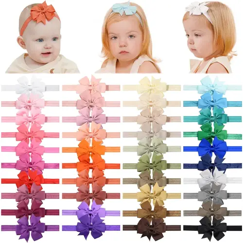 jollybows 40pcs Baby Girls Grosgrain Ribbon Hair Bows Headbands 3" Hair Band Hair Accessories for Infants Newborn Toddler (3- Natural Multi-colored)